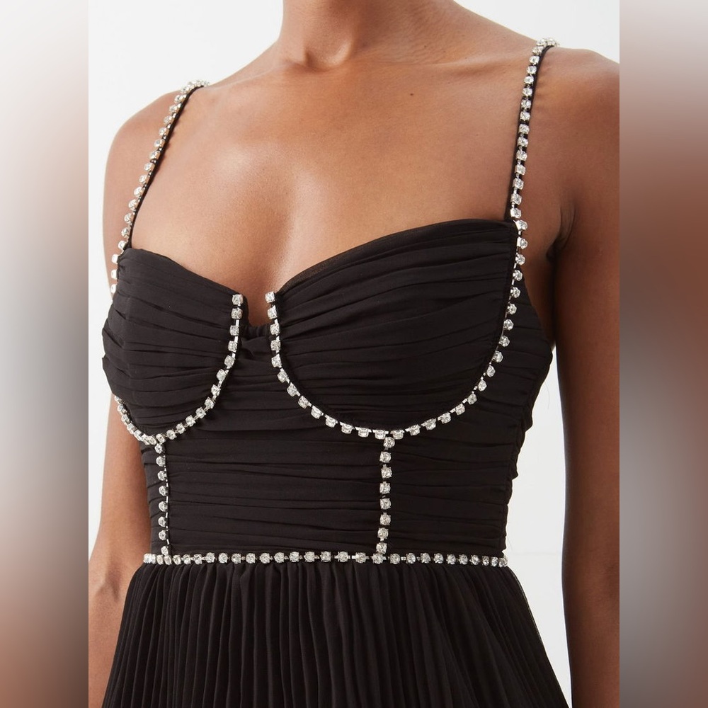 Self-Portrait black pleated diamante crystal bustier tiered midi chiffon dress 6 - Picture 6 of 14